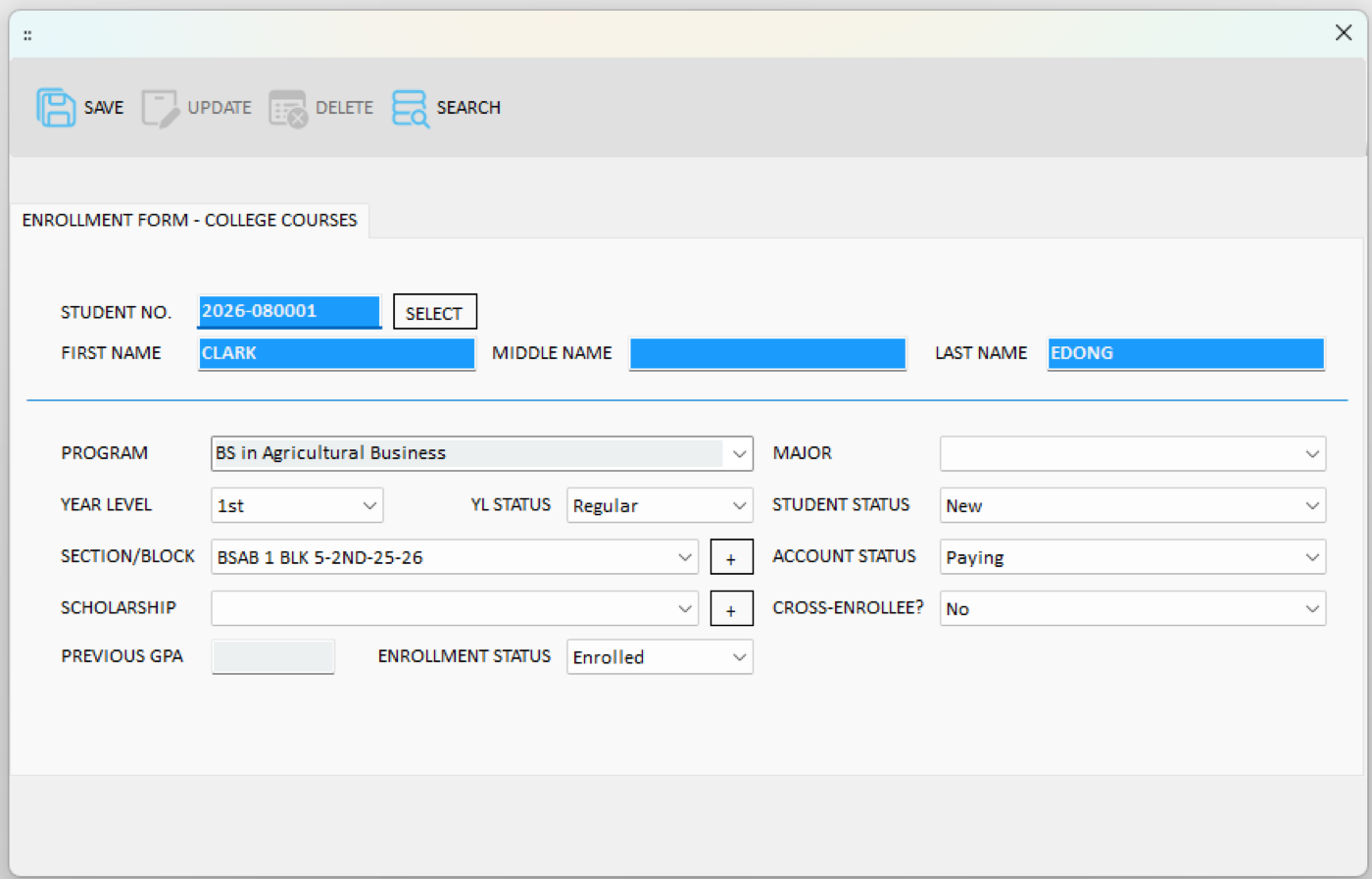 Figure 3.16. Student data loaded into the enrollment form, ready to save.