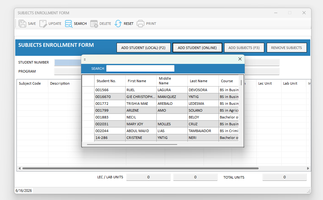 Figure 4.11. Searching for the student to add from online.